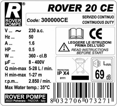 Αντλία Μετάγγισης Rover Pompe BE-M 20 με Στόμιο 3/4" και Ιπποδύναμη 0.5hp