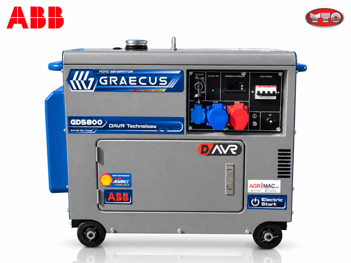Αθόρυβη πετρελαιοκίνητη γεννήτρια 5.8 kW με DAVR, ταυτόχρονη μονοφασική και τριφασική έξοδο, ηλεκτρική εκκίνηση, ATS υποδοχή, πρίζες Schuko, CEE και ηχομονωμένο περίβλημα
